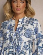 m&d fashion Rochie Cloche Albastră din Viscoză Legată la Decolteu cu Imprimeu Floral Koriselle