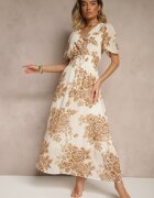 m&d fashion Rochie Cloche Bej deschis cu Cordon cu Model Floral Jeloiti