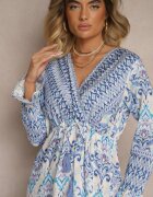 m&d fashion Rochie Cloș Albastră din Bumbac și Viscoză Stil Etnic Sollema