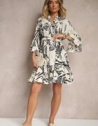 m&d fashion Rochie Cloș Gri închis din Vâscoză cu Volane cu Model Floral Ridivaria