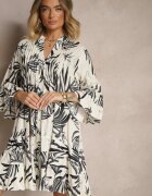 m&d fashion Rochie Cloș Gri închis din Vâscoză cu Volane cu Model Floral Ridivaria
