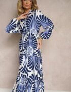m&d fashion Rochie Clotă Albastră din Viscoză Decorată cu Imprimeu Floral Koriare