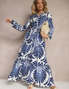 m&d fashion Rochie Clotă Albastră din Viscoză Decorată cu Imprimeu Floral Koriare