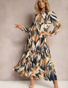 m&d fashion Rochie evazată Bej-Verde cu croială tip cămașă cu imprimeu abstract Asequa