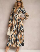 m&d fashion Rochie evazată Bej-Verde cu croială tip cămașă cu imprimeu abstract Asequa