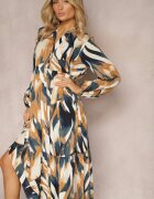 m&d fashion Rochie evazată Bej-Verde cu croială tip cămașă cu imprimeu abstract Asequa