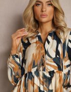 m&d fashion Rochie evazată Bej-Verde cu croială tip cămașă cu imprimeu abstract Asequa