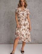 m&d fashion Rochie Încrucișată Portocalie cu cordon legat cu imprimeu floral cu sclipici Runewea