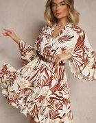 m&d fashion Rochie Maro Evazată din Vâscoză cu Volane cu Motiv Floral Ridivaria