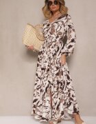 m&d fashion Rochie Maro Evazată din Viscoză cu Model Abstract cu Elastic în Talie Felpio