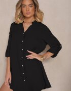 m&d fashion Rochie Neagră Croială Dreaptă din Bumbac Supradimensionată cu Decolteu în V Elavellis