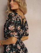 m&d fashion Rochie Neagră cu Legătură la Spate cu Mânecă Scurtă și Fir Metalic Mleada