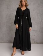 m&d fashion Rochie Neagră din in și viscoză cu croială evazată cu nasturi decorativi Maitena