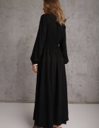 m&d fashion Rochie Neagră din in și viscoză cu croială evazată cu nasturi decorativi Maitena