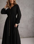 m&d fashion Rochie Neagră din in și viscoză cu croială evazată cu nasturi decorativi Maitena