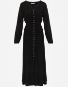 m&d fashion Rochie Neagră din in și viscoză cu croială evazată cu nasturi decorativi Maitena