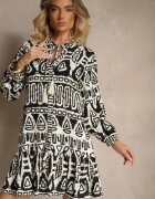 m&d fashion Rochie Neagră Evazată din Viscoză cu Imprimeu Etnic cu Cordon cu Ciucuri Ravpio