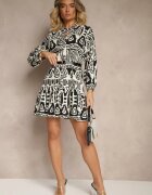 m&d fashion Rochie Neagră Evazată din Viscoză cu Imprimeu Etnic cu Cordon cu Ciucuri Ravpio