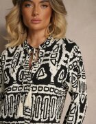 m&d fashion Rochie Neagră Evazată din Viscoză cu Imprimeu Etnic cu Cordon cu Ciucuri Ravpio