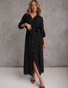 m&d fashion Rochie Neagră tip Cămașă Utility din Bumbac cu Cordon Legat în Talie Retona