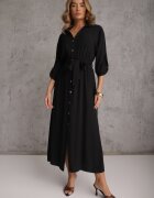 m&d fashion Rochie Neagră tip Cămașă Utility din Bumbac cu Cordon Legat în Talie Retona