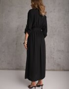 m&d fashion Rochie Neagră tip Cămașă Utility din Bumbac cu Cordon Legat în Talie Retona