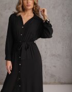 m&d fashion Rochie Neagră tip Cămașă Utility din Bumbac cu Cordon Legat în Talie Retona