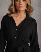 m&d fashion Rochie Neagră tip Cămașă Utility din Bumbac cu Cordon Legat în Talie Retona