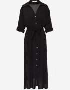 m&d fashion Rochie Neagră tip Cămașă Utility din Bumbac cu Cordon Legat în Talie Retona
