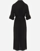 m&d fashion Rochie Neagră tip Cămașă Utility din Bumbac cu Cordon Legat în Talie Retona