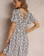 m&d fashion Rochie Negru-Alb cu decolteu petrecut cu imprimeu floral cu elastic și curea în talie Arlettie