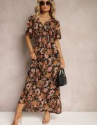 m&d fashion Rochie Negru-Bej cu Decolteu Petrecut cu Elastic în Talie și Fir Metalic Sollas