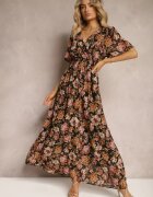 m&d fashion Rochie Negru-Bej cu Decolteu Petrecut cu Elastic în Talie și Fir Metalic Sollas