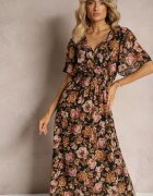 m&d fashion Rochie Negru-Bej cu Decolteu Petrecut cu Elastic în Talie și Fir Metalic Sollas