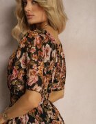 m&d fashion Rochie Negru-Bej cu Decolteu Petrecut cu Elastic în Talie și Fir Metalic Sollas