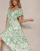 m&d fashion Rochie Petrecută Verde din Viscoză Imprimată cu Motiv Floral Dinea