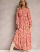 m&d fashion Rochie Portocalie cu flori cu volane și curea legată Zeralia