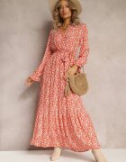 m&d fashion Rochie Portocalie cu flori cu volane și curea legată Zeralia