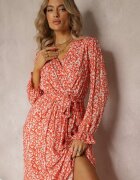 m&d fashion Rochie Portocalie cu flori cu volane și curea legată Zeralia