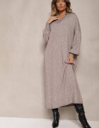 m&d fashion Rochie pulover Bej din viscoză cu croială tip cutie ornată cu guler Clarinnae