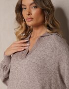 m&d fashion Rochie pulover Bej din viscoză cu croială tip cutie ornată cu guler Clarinnae