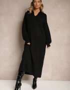 m&d fashion Rochie Pulover Neagră din Vâscoză cu Croială Dreaptă Decorată cu Guler Clarinnae