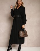 m&d fashion Rochie Pulover Neagră din Vâscoză cu Croială Dreaptă Decorată cu Guler Clarinnae