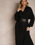 m&d fashion Rochie Pulover Neagră din Vâscoză cu Croială Dreaptă Decorată cu Guler Clarinnae