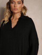 m&d fashion Rochie Pulover Neagră din Vâscoză cu Croială Dreaptă Decorată cu Guler Clarinnae