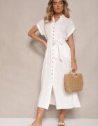 m&d fashion Rochie tip cămașă albă din bumbac cu cordon legat și mânecă scurtă Elannoria