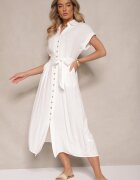 m&d fashion Rochie tip cămașă albă din bumbac cu cordon legat și mânecă scurtă Elannoria