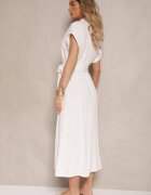 m&d fashion Rochie tip cămașă albă din bumbac cu cordon legat și mânecă scurtă Elannoria