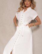 m&d fashion Rochie tip cămașă albă din bumbac cu cordon legat și mânecă scurtă Elannoria