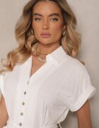 m&d fashion Rochie tip cămașă albă din bumbac cu cordon legat și mânecă scurtă Elannoria
